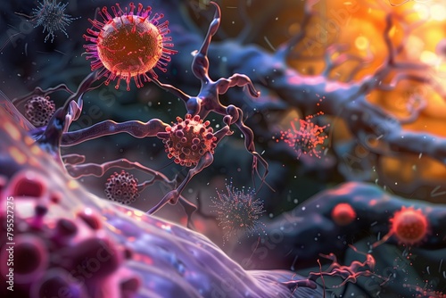 illustration depicting the immune system's response to allergens, such as inflammation or histamine release photo