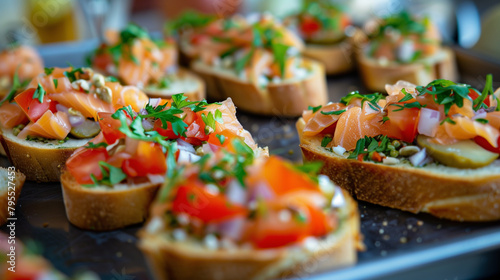 Close-Up Gourmet Canapes Selection. Gourmet canapes with smoked salmon, ideal for social gatherings.