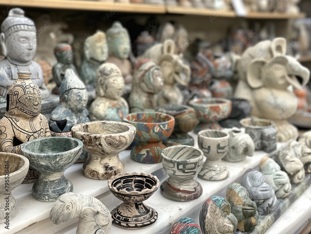 A collection of statues and vases on a table. The vases are of different shapes and sizes, and some of them have designs on them. Scene is one of variety and creativity, as the different shapes