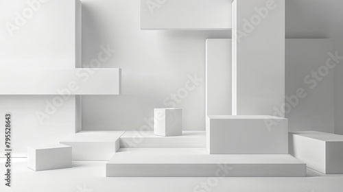A white room with white boxes and white walls. The boxes are arranged in a way that creates a sense of depth and space. The room has a minimalist and modern feel