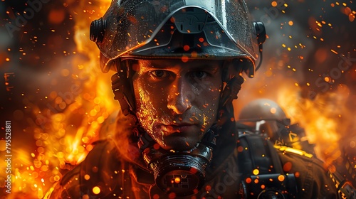 A firefighter in protective gear stands in front of a blazing fire