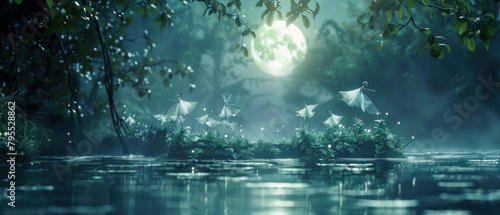 Enchanted river crossing  Fairies dancing over water  Moonlit scene  Space for copy on top