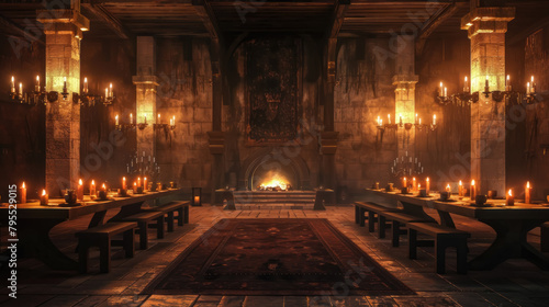 Medieval banquet hall, Feast setup with flickering torches, Rich and detailed, Text-friendly layout photo