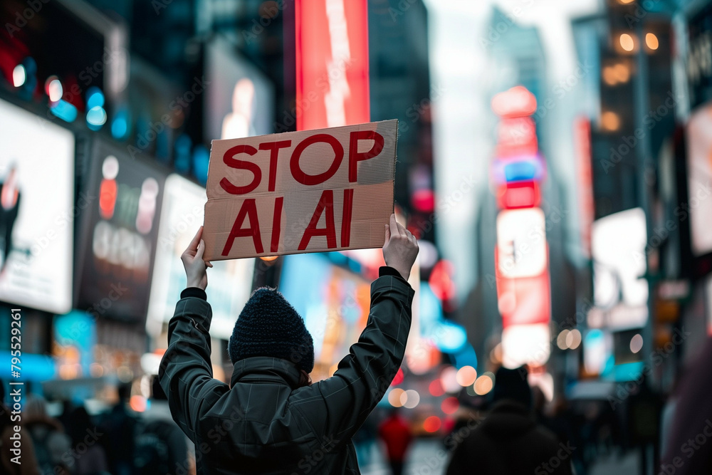 Protester Holding 'STOP AI' Sign in Urban Setting Protester Holding 'STOP AI' Sign in Urban Setting