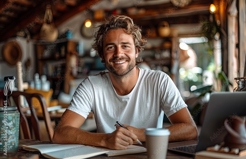 man in a white tee jotting notes near a laptop and coffee in his home office man in a white tee jotting notes near a laptop and coffee in his home office