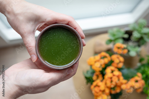 Female hands holding a cup with drink from young barley and chlorella spirulina powder or matcha tea.