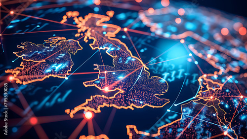 Map of United Kingdom with networks. Global communications systems and communications satellites. Connection concept.	 photo