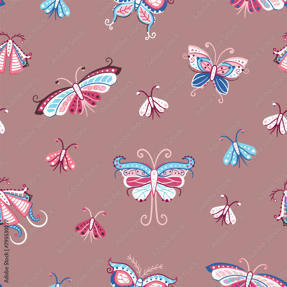 Detailed pink, blue and white butterflies on a light brown background. Seamless repeated surface vector pattern design. Detailed pink, blue and white butterflies on a light brown background. Seamless repeated surface vector pattern design.