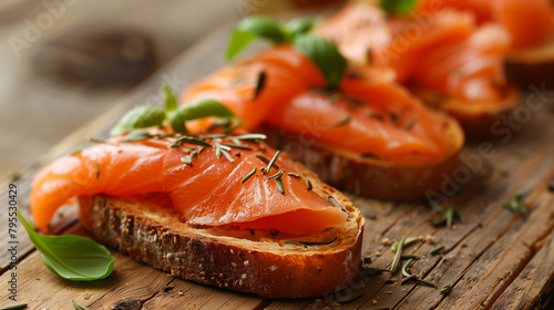 Close-Up Rustic Smoked Salmon Sandwich. Smoked salmon on toasted bread with dill and basil, perfect for culinary themes.