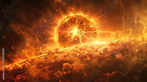 Intense and detailed portrayal of a solar storm on the sun, suitable for illustrating articles on solar energy and space environment,