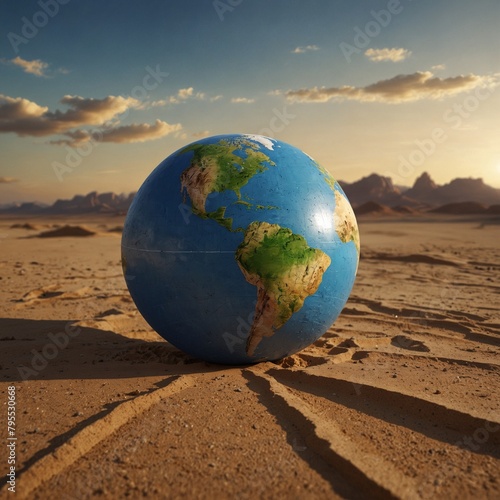 world population day with world globe and behind it a beautiful view of deserts