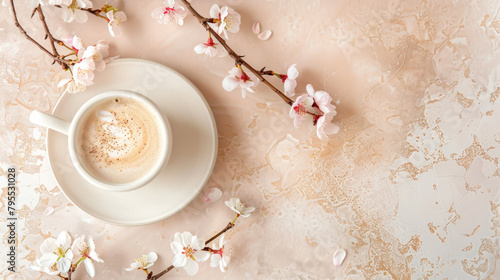 Cup of coffee with latte art, apple blossom, top view photo