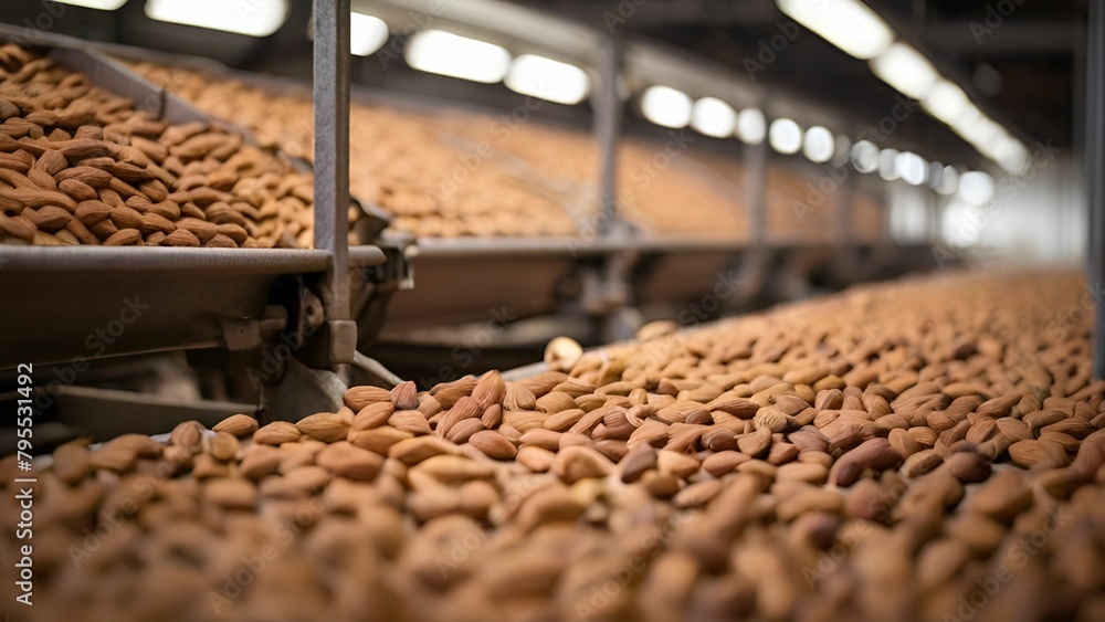 Almonds on the factory conveyor belt