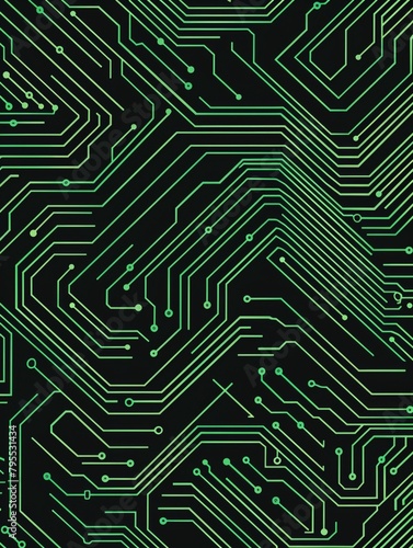 Circuit board pattern, circuit lines, green color on black background, vector illustration style, flat design, symmetrical composition, symettrical, minimalist style, high resolution, no text or lette