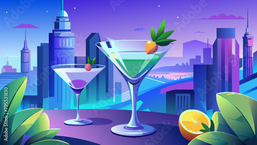 Vibrant Cityscape Evening Cocktails Illustration