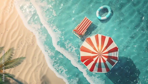 Summer time beach vibes decorated with beach umbrella, chair and rubber ring
