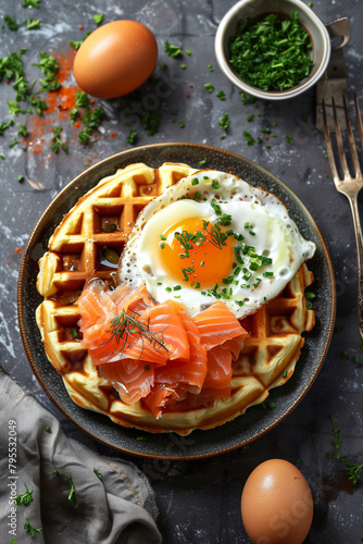 Top View Gourmet Waffles and Salmon Breakfast. Top view of a gourmet breakfast with waffles, salmon, and egg, ideal for culinary content.