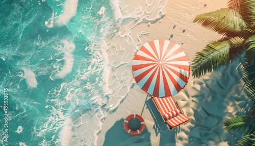 Summer time beach vibes decorated with beach umbrella, chair and rubber ring