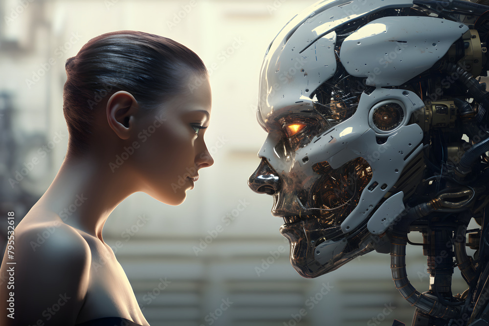 Fototapeta premium A meeting between a woman and a robot. A science fiction concept.