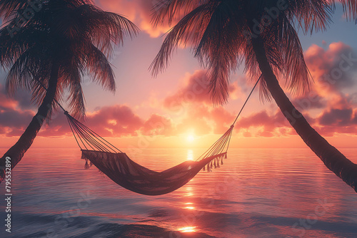 a hammock strung between two palm trees on the beach at sunset © Vincent