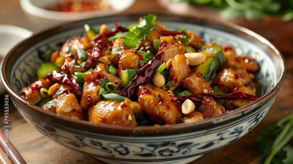 Picture diced chicken, dried chili, cucumber, and fried peanuts or cashews in a bold, spicy sauce Picture diced chicken, dried chili, cucumber, and fried peanuts or cashews in a bold, spicy sauce