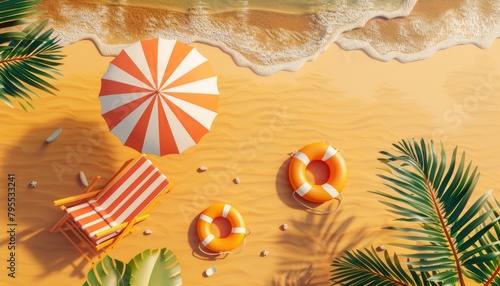 Summer time beach vibes decorated with beach umbrella, chair and rubber ring