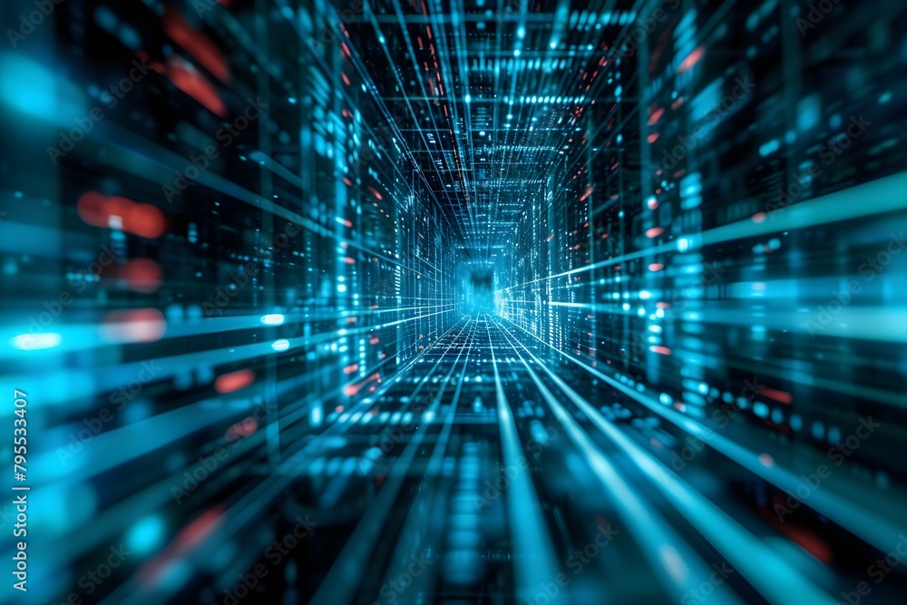 walls wrapped in digital binary codes with blue lights in the technology gateway walls wrapped in digital binary codes with blue lights in the technology gateway