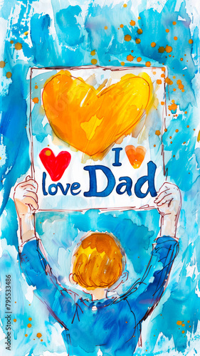 drawing of red-haired child with a Father's Day greeting drawn with colored pencils with heart and the inscription - I love dad - on blue background greeting card
