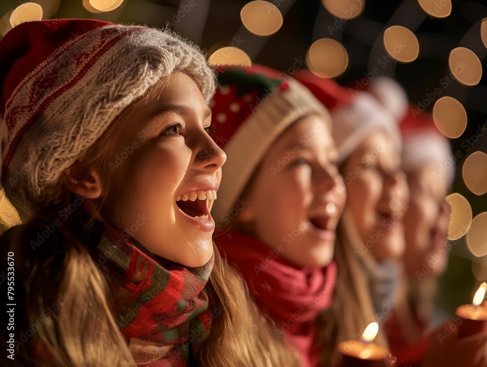 A group of young girls are singing and smiling, with one girl holding a candle. Scene is joyful and festive, as the girls are participating in a Christmas celebration