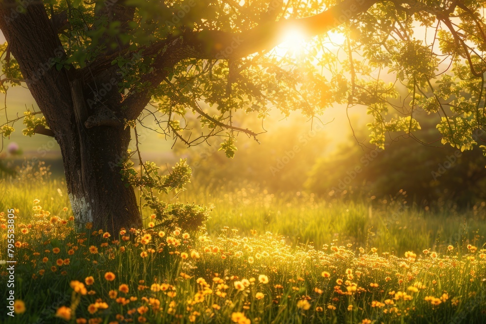 Obraz premium A tree is in a field of yellow flowers. The sun is shining brightly on the tree and the flowers