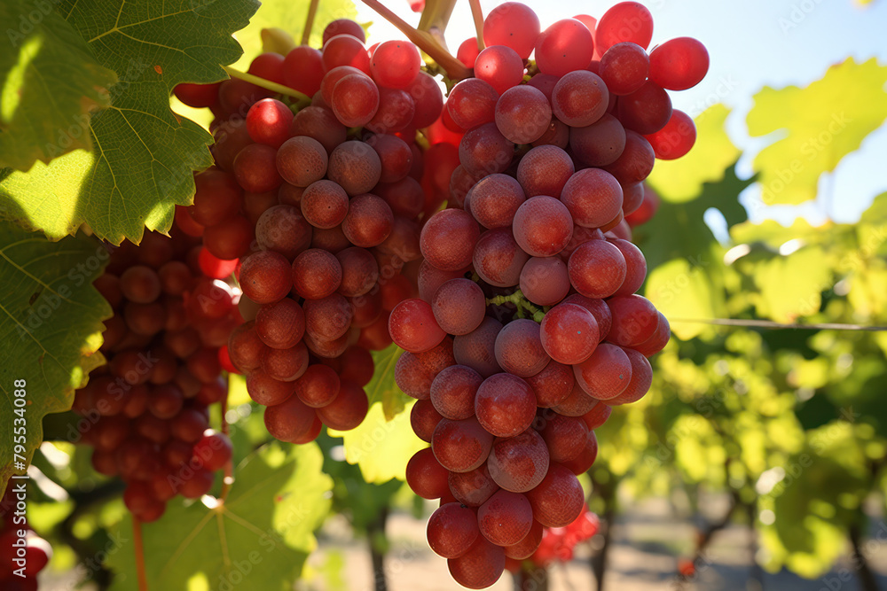 Cluster of red grapes hanging from vine