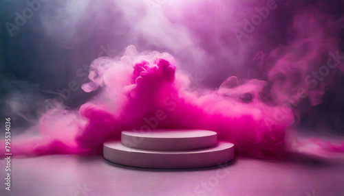 Mystical pink smoke around a minimalist round podium, perfect for product display or elegant presentations.