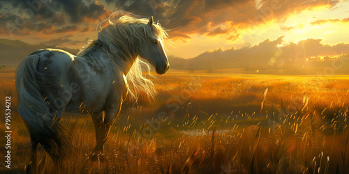 Graceful Horse Grazing in Meadow at Sunset with beautiful background photo