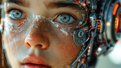 An intriguing portrayal of a cyborg's visage, with one side showcasing intricate metallic fea photo