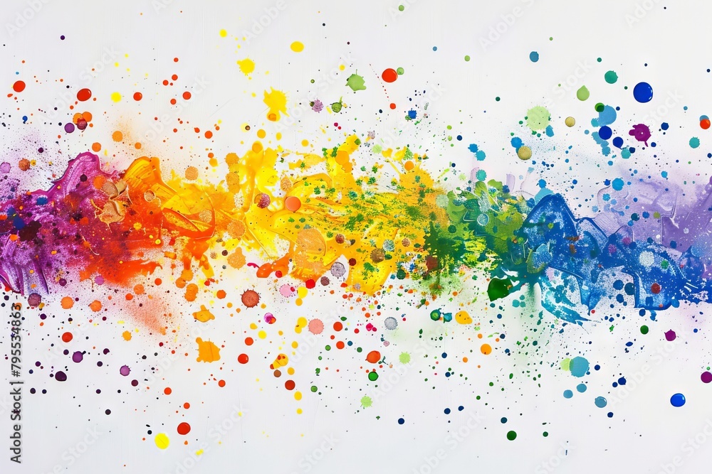 Rainbow-colored paint splatters transparently creating a lively abstract artwork