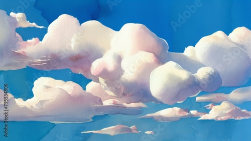 A tranquil and dreamlike depiction of fluffy white clouds casually drifting across a soft blue sky with hints of warm light