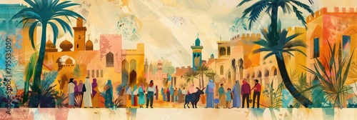 Illustration of the atmosphere of the Muslim Eid al-Fitr holiday in the Middle East, people meeting outdoors, with traditional buildings and date palm trees. photo