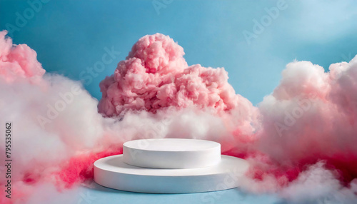 White podium in fluffy pink and white clouds against a soft blue background, perfect for product display or presentations.