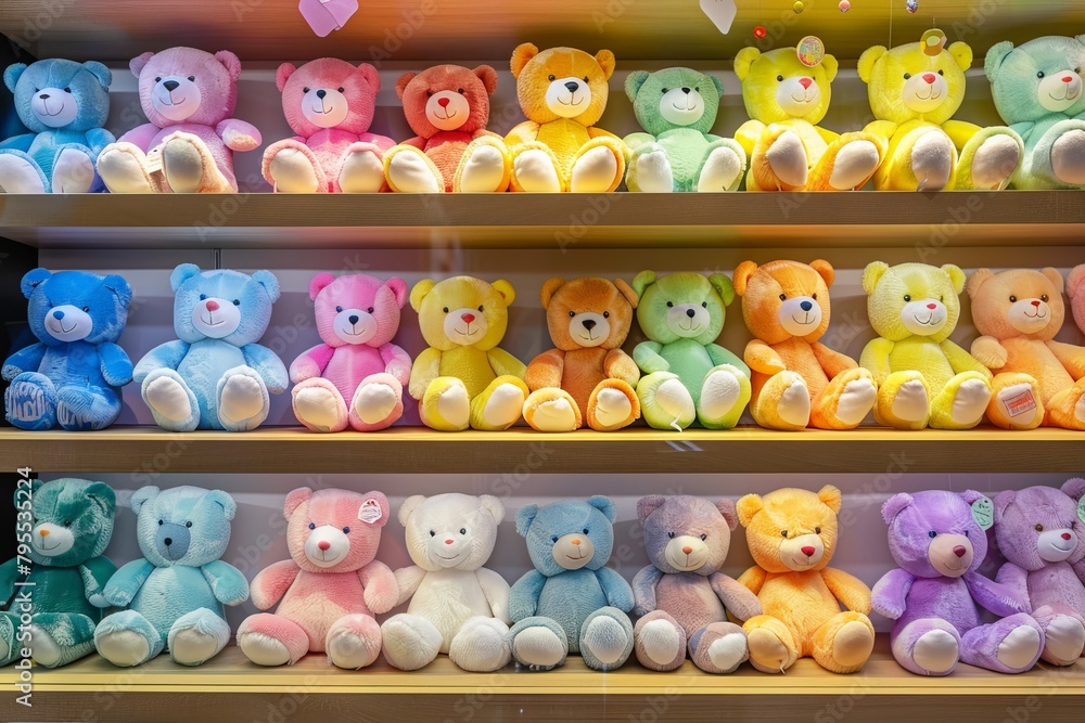 Rainbow-colored plush toys transparently displayed on a shelf