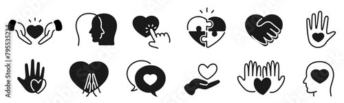 Charity handdrawn icon set. Friendship, love, care, donate, heart, aid etc. Editable stroke