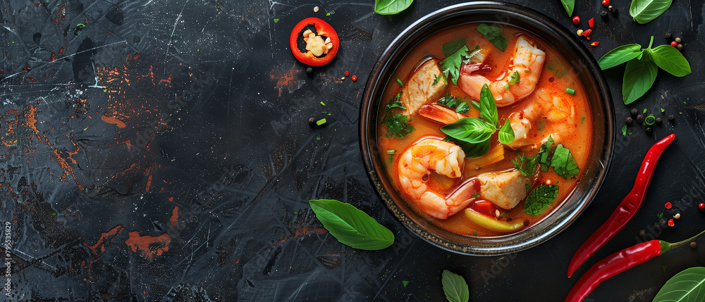 Thai Tom Yum with Prawns - A Harmony of Lemongrass and Lime, top view with copy space Thai Tom Yum with Prawns - A Harmony of Lemongrass and Lime, top view with copy space