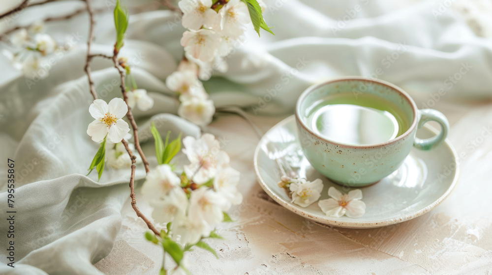 Matcha cup with branch of cherry white blossom Matcha cup with branch of cherry white blossom