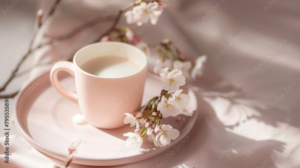 Matcha cup with branch of cherry white blossom Matcha cup with branch of cherry white blossom