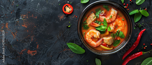 Thai Tom Yum with Prawns - A Harmony of Lemongrass and Lime, top view with copy space