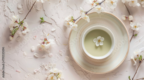 Matcha cup with branch of cherry white blossom 