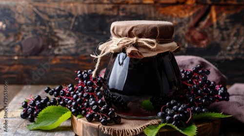 A jar of black elder syrup with fresh Sambucus nigra berries photo