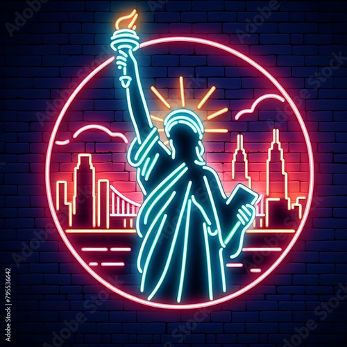 Statue of Liberty on brick background. Neon style illustration