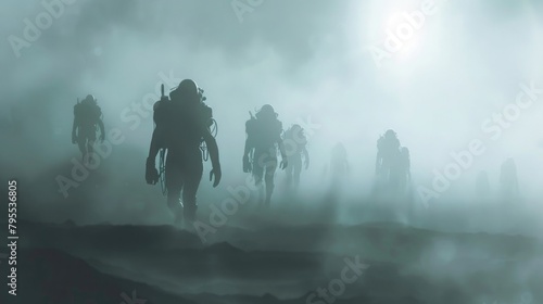 A group of alien beings emerge from the fog. Fantastic plot. UFO futuristic concept. Illustration for varied design. © Alizeh