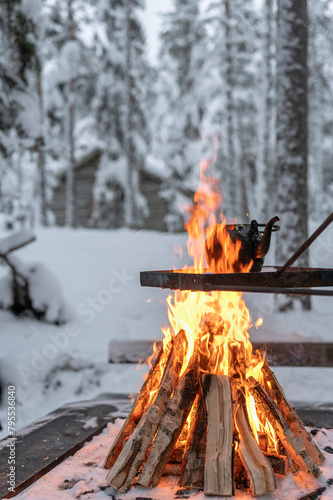 campfire in the forest in winter. Finland