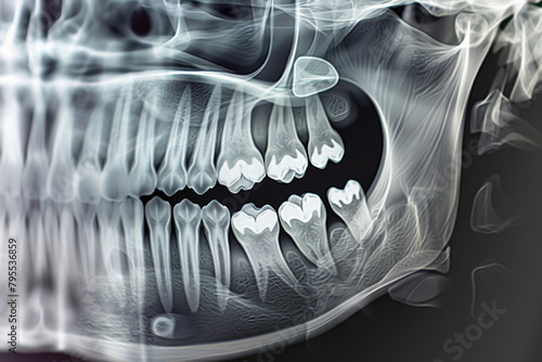 Medical, xray and illustration of teeth in mouth for wisdom tooth, growth and dental examination. Anatomy, radiology and dentistry in healthcare with scan for root canal, assessment and evaluation photo
